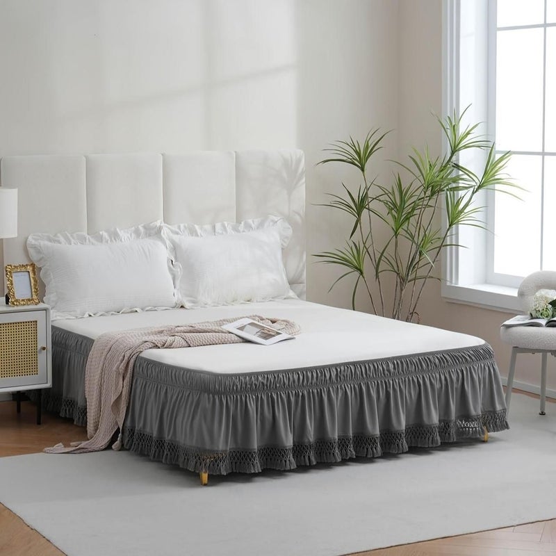 Grey Lace Elastic Bed Skirt Full Size Soft Fringe Bed Cover For Bedroom - Image 1