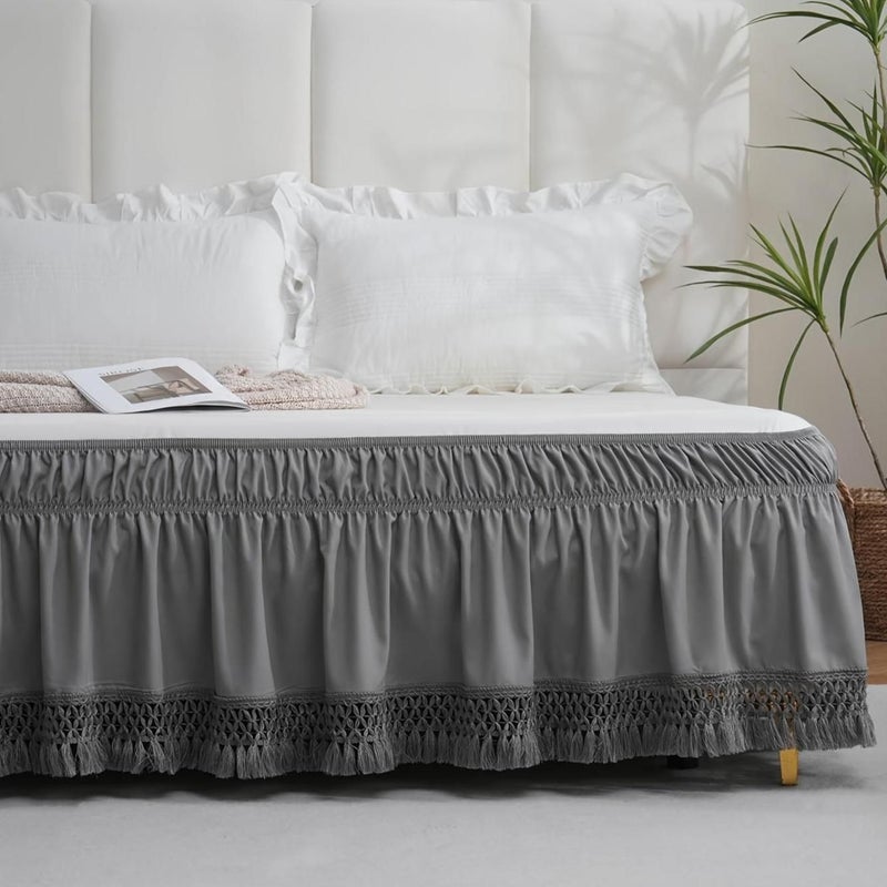 Grey Lace Elastic Bed Skirt Full Size Soft Fringe Bed Cover For Bedroom - Image 5