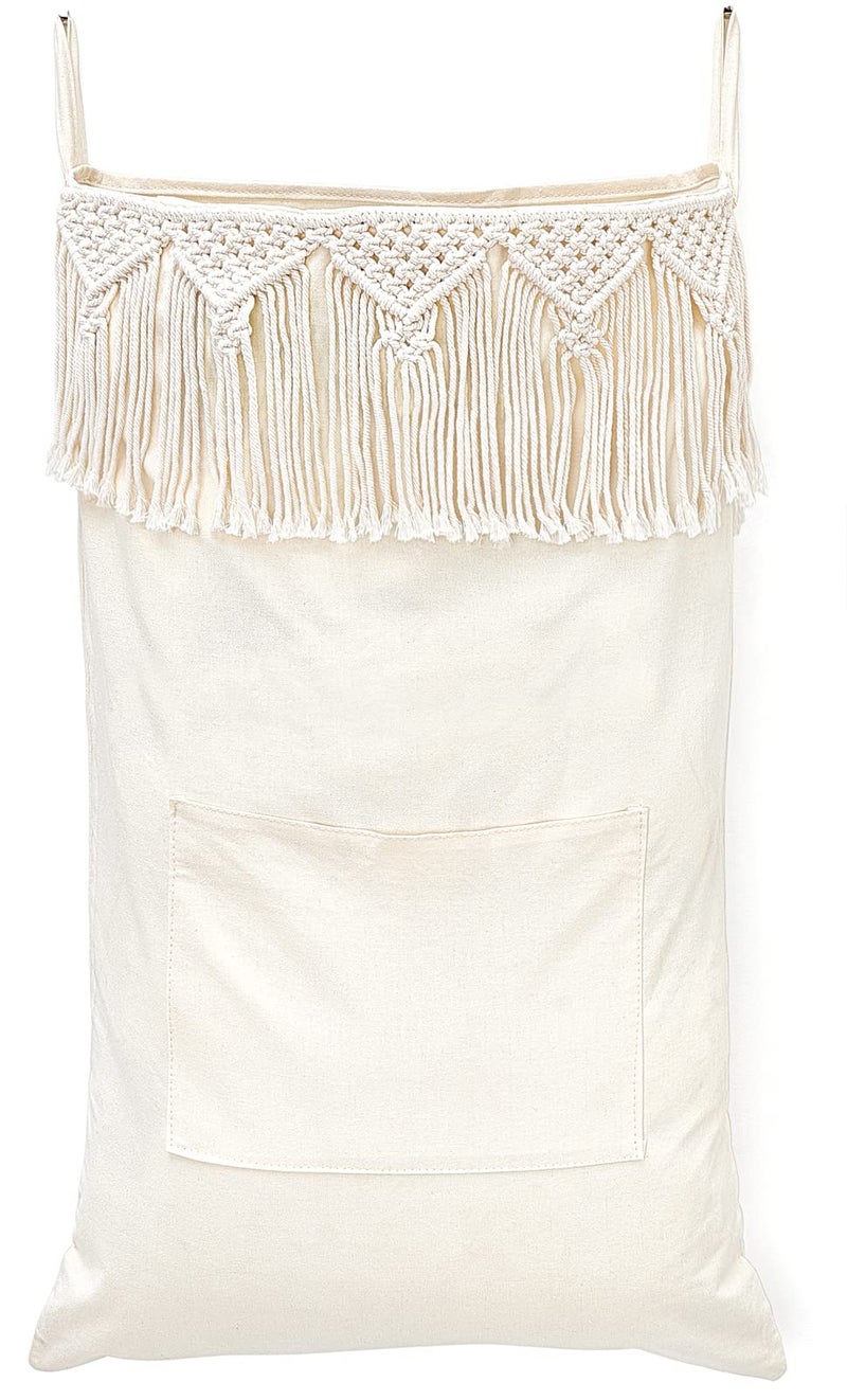 Mkono Macrame Hanging Laundry Hamper with Over The Door Hooks Saving Space Laundry Bag with Zipper and Wide Open Top Boho Decor Hanging Dorm Dirty Clothes Basket, for Bathroom Dorm Home Travel - Image 1