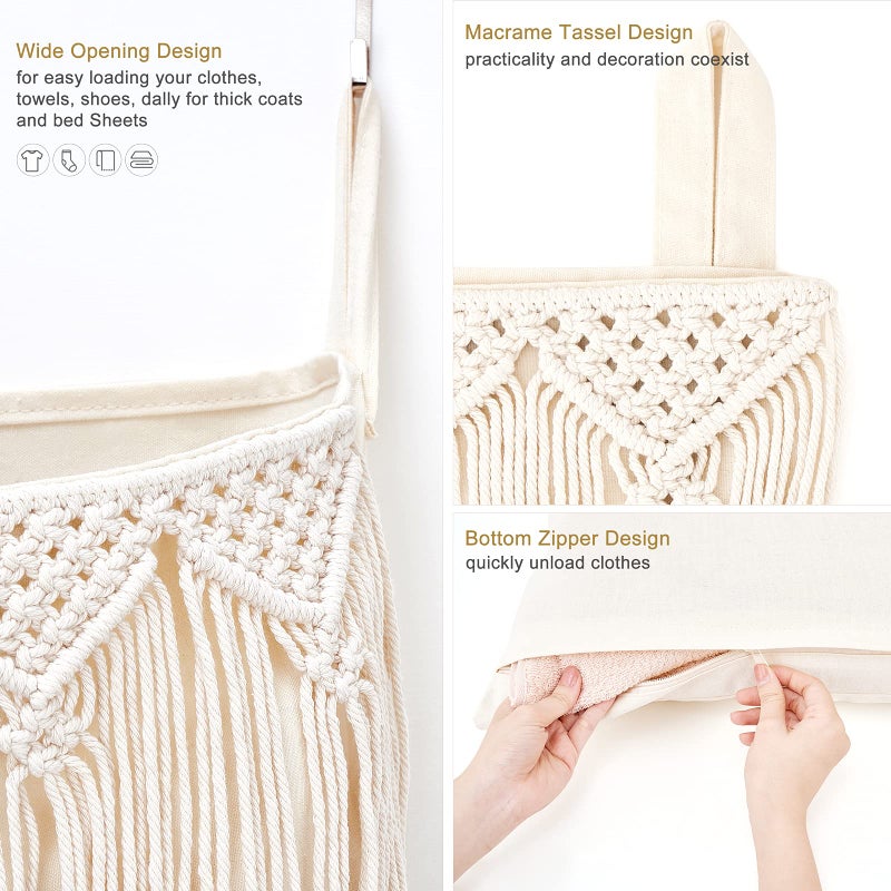 Mkono Macrame Hanging Laundry Hamper with Over The Door Hooks Saving Space Laundry Bag with Zipper and Wide Open Top Boho Decor Hanging Dorm Dirty Clothes Basket, for Bathroom Dorm Home Travel - Image 3