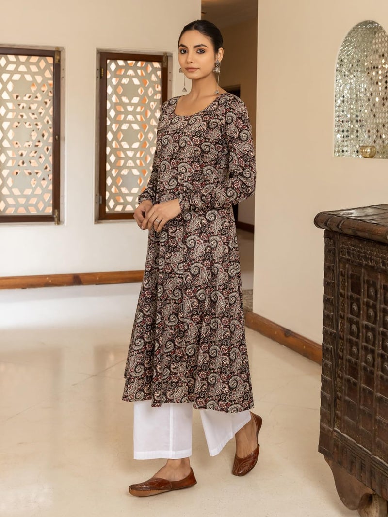 FIORRA Women's Brown Paisley Printed Cotton Anarkali Kurta FAR0114 - Image 4