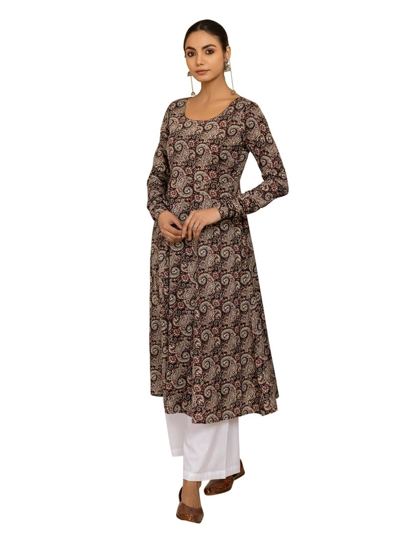 FIORRA Women's Brown Paisley Printed Cotton Anarkali Kurta FAR0114 - Image 1