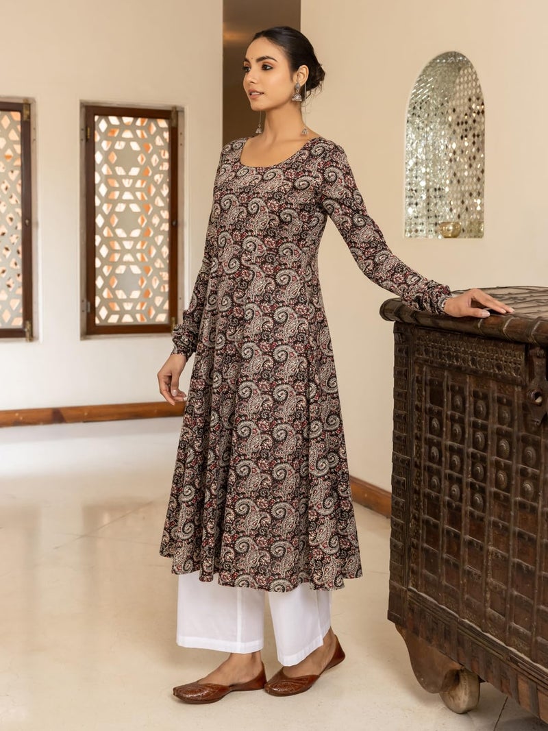 FIORRA Women's Brown Paisley Printed Cotton Anarkali Kurta FAR0114 - Image 3