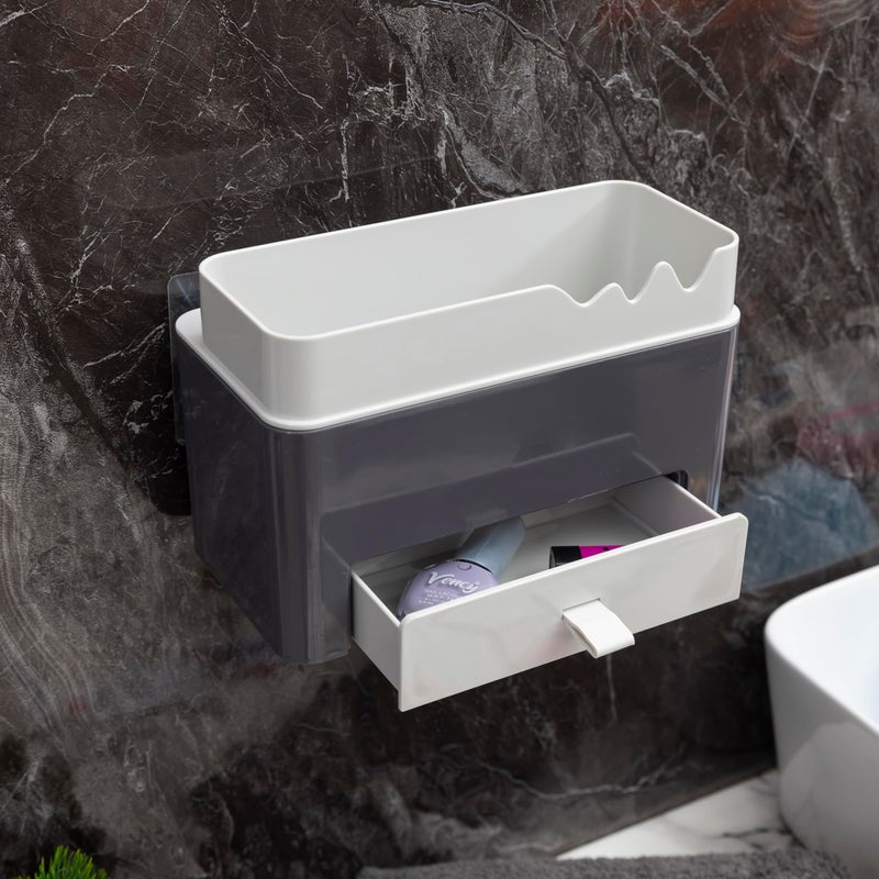 Jinila Multipurpose Wall Mounted Bathroom Storage Organizer Shelf with Mini Drawer and Scissors Separate Compartment for Bathroom and Wash Basin (Pack of 1, Gray and Cream) - Image 2