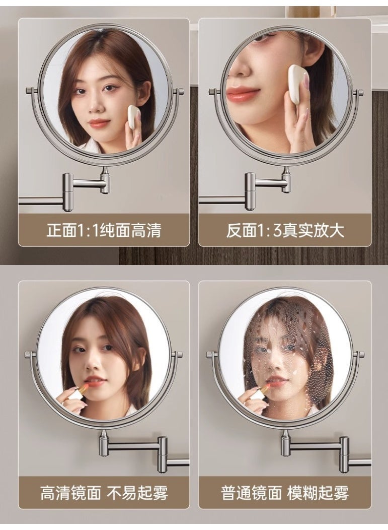 Wall Mounted Makeup Mirror 8 Inch Double-Sided Extendable Mirror 1X/3X Magnifying 360° Rotation Anti-Fog Aluminum Design - Image 3