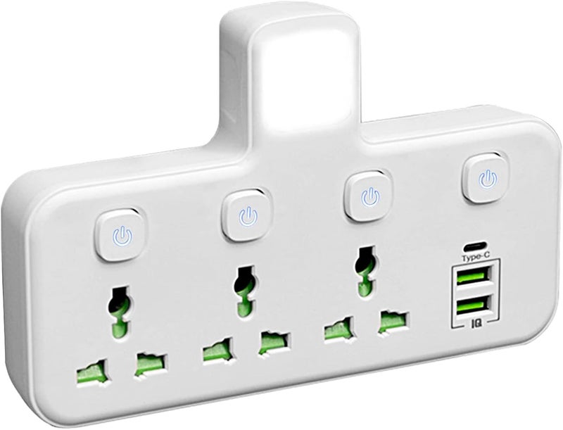Necomi Universal Multi Plug Extension Socket with 2 USB-A & 1 USB-C(Fast Charger ports), Extender Wall Socket 3 Way Multiple Electrical Outlet Adaptor with Night Light, for Home, Office,Kitchen - Image 1