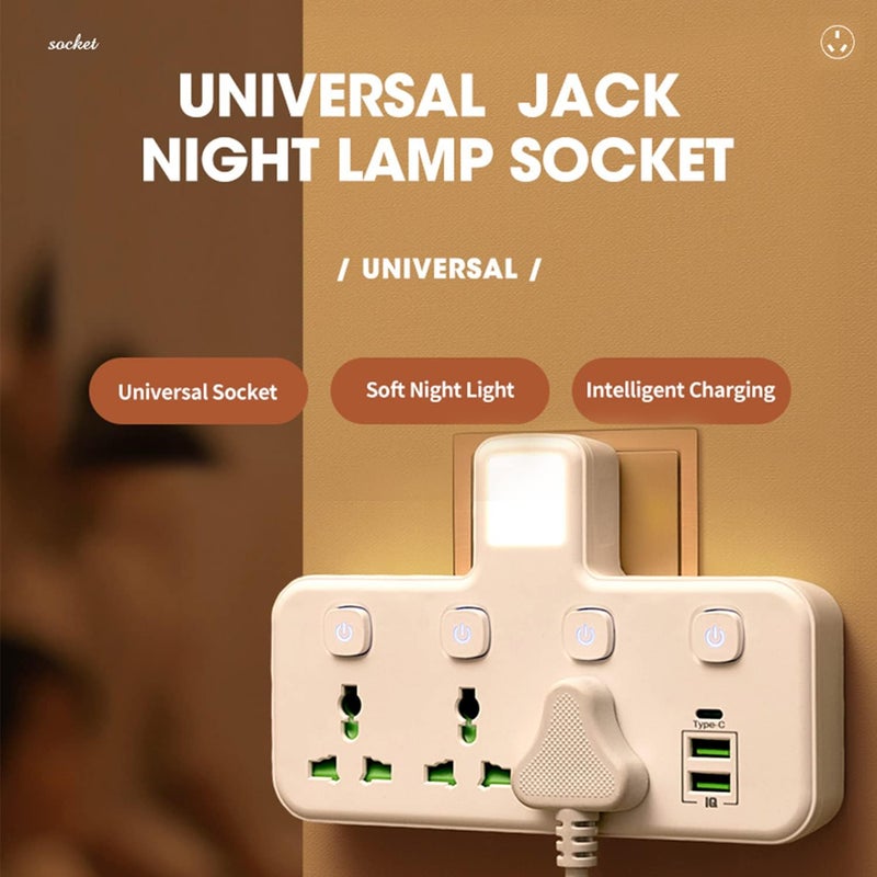 Necomi Universal Multi Plug Extension Socket with 2 USB-A & 1 USB-C(Fast Charger ports), Extender Wall Socket 3 Way Multiple Electrical Outlet Adaptor with Night Light, for Home, Office,Kitchen - Image 2