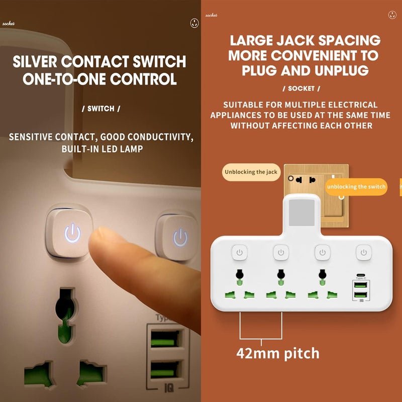 Necomi Universal Multi Plug Extension Socket with 2 USB-A & 1 USB-C(Fast Charger ports), Extender Wall Socket 3 Way Multiple Electrical Outlet Adaptor with Night Light, for Home, Office,Kitchen - Image 3