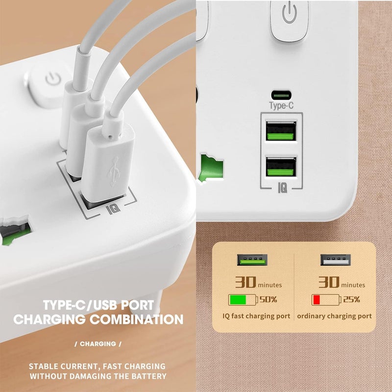 Necomi Universal Multi Plug Extension Socket with 2 USB-A & 1 USB-C(Fast Charger ports), Extender Wall Socket 3 Way Multiple Electrical Outlet Adaptor with Night Light, for Home, Office,Kitchen - Image 5