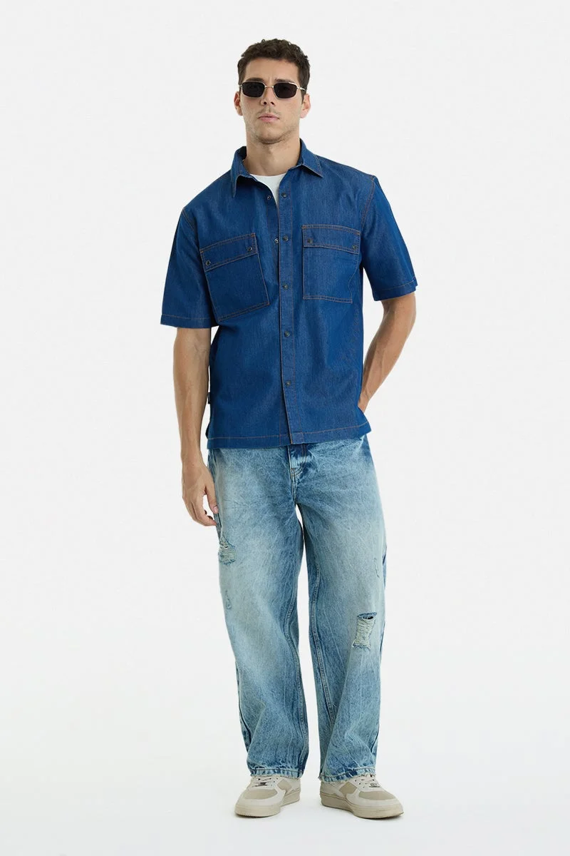 سنيتش Dark Blue Solid Half Sleeve Regular Fit Casual Shirt
