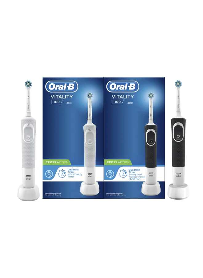 أورال بي Vitality D100 Black And White 1+1 Free Bundle Electric Rechargeable Toothbrush, 2 Minutes Timer, Cross Action Brush Head, With Uae 3 Pin Plug