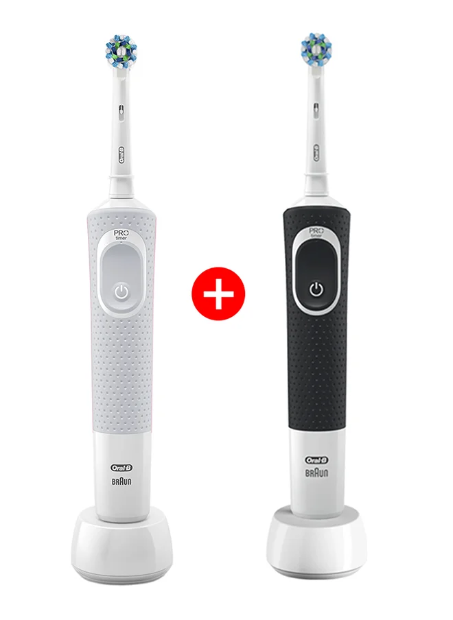 أورال بي Vitality D100 Black And White 1+1 Free Bundle Electric Rechargeable Toothbrush, 2 Minutes Timer, Cross Action Brush Head, With Uae 3 Pin Plug