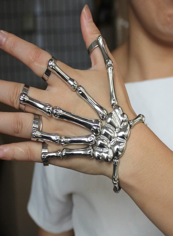 Sither Metal Skeleton Bracelet Halloween Accessories Ghost Claw Gothic Finger Wristband Skull Fingers on Party (Silver) - Image 2