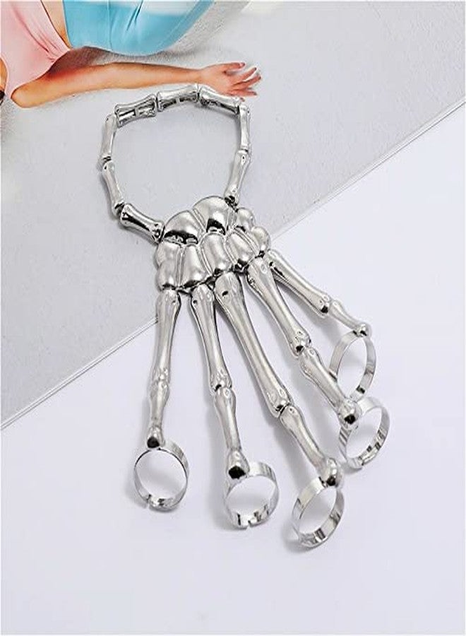 Sither Metal Skeleton Bracelet Halloween Accessories Ghost Claw Gothic Finger Wristband Skull Fingers on Party (Silver) - Image 5