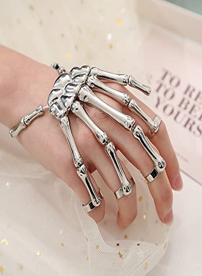 Sither Metal Skeleton Bracelet Halloween Accessories Ghost Claw Gothic Finger Wristband Skull Fingers on Party (Silver) - Image 3