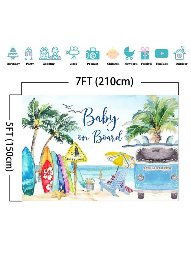 Mocsicka Baby On Board Baby Shower Backdrop Summer Beach Baby Shower Background Surfing Boy Baby Shower Party Cake Table Decoration Banner Photo Booth Props (7X5Ft)  - Image 5