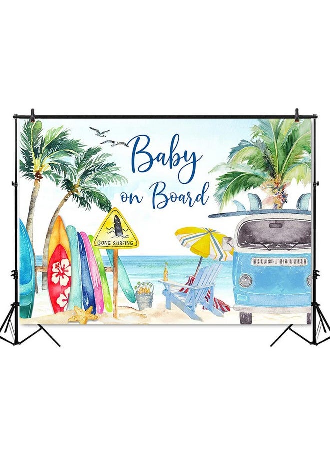 Mocsicka Baby On Board Baby Shower Backdrop Summer Beach Baby Shower Background Surfing Boy Baby Shower Party Cake Table Decoration Banner Photo Booth Props (7X5Ft)  - Image 3