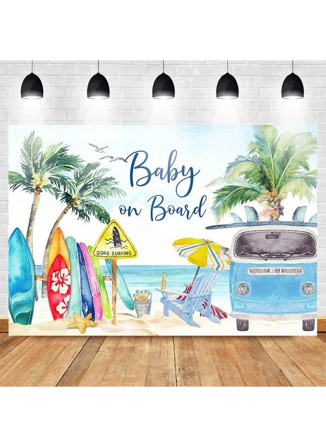 Mocsicka Baby On Board Baby Shower Backdrop Summer Beach Baby Shower Background Surfing Boy Baby Shower Party Cake Table Decoration Banner Photo Booth Props (7X5Ft)  - Image 4