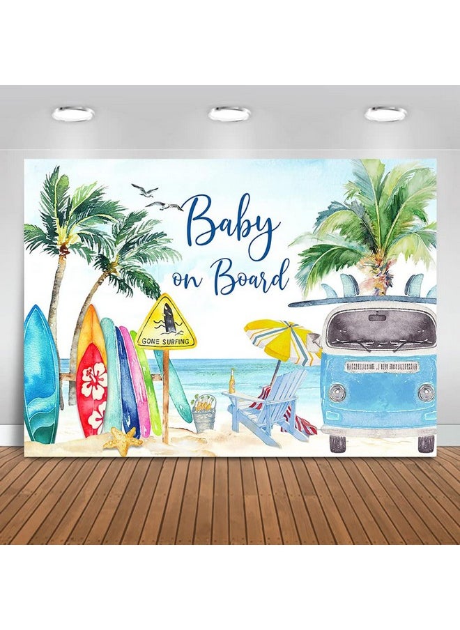 Mocsicka Baby On Board Baby Shower Backdrop Summer Beach Baby Shower Background Surfing Boy Baby Shower Party Cake Table Decoration Banner Photo Booth Props (7X5Ft)  - Image 2