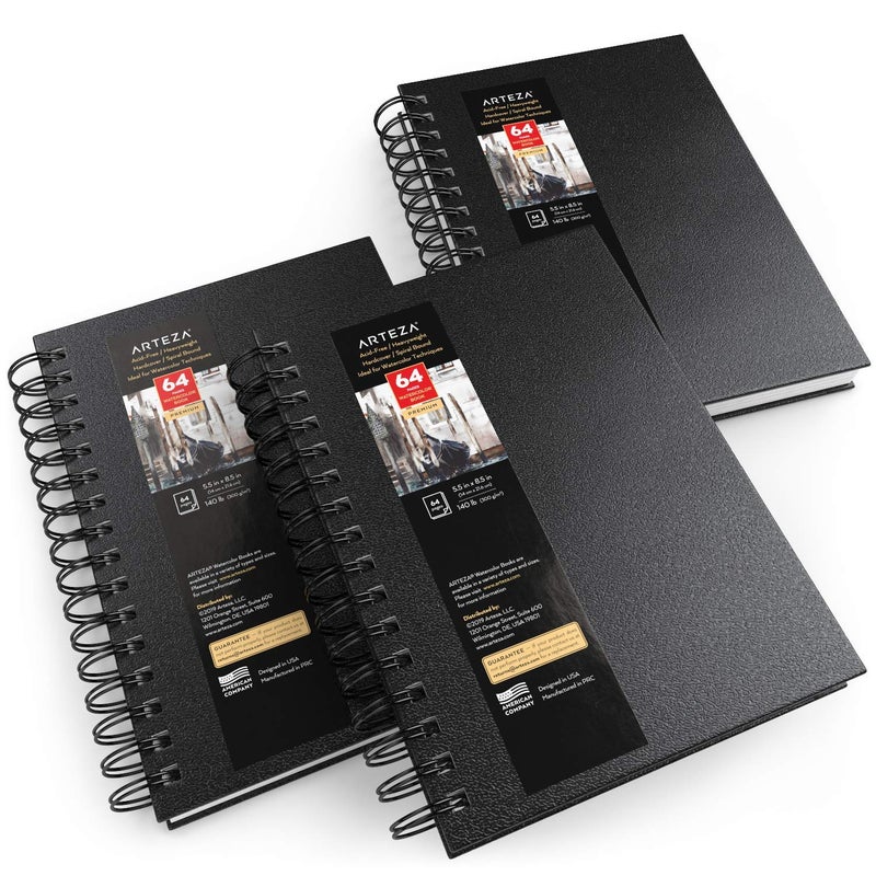 ARTEZA Watercolor Sketchbook Set, 3-Pack, 64 Pages per Book, 5.5 x 8.5 Inches, Black Hardcover Spiral Notebooks, 140-Pound Premium Watercolor Paper for Artists - Image 1