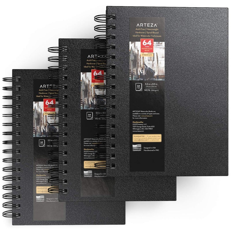ARTEZA Watercolor Sketchbook Set, 3-Pack, 64 Pages per Book, 5.5 x 8.5 Inches, Black Hardcover Spiral Notebooks, 140-Pound Premium Watercolor Paper for Artists - Image 2