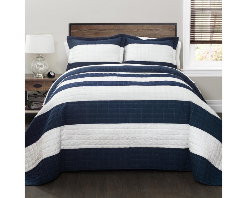 Lush Decor New Berlin Quilt Striped Pattern 2 Piece Bedding Set, Twin, Navy & White - Image 1