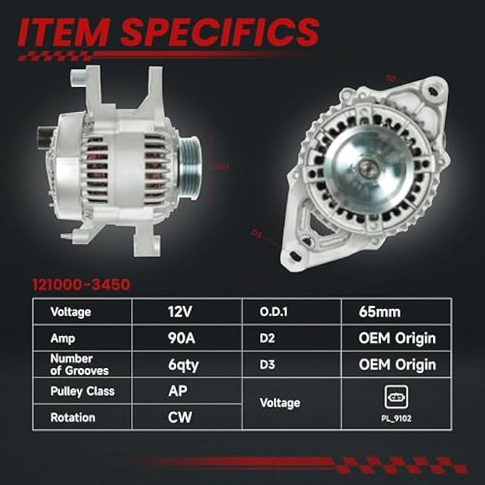 TSSLIIN High Output Alternator for-Jeep Cherokee Grand Cherokee Wrangler Comanche for-Dodge Dakota 1991-1998 2.5L 4.0L 90A 12V CW 6-Groove Pulley, OE Replacement # 121000-3450 10463782 56005684 - Image 4