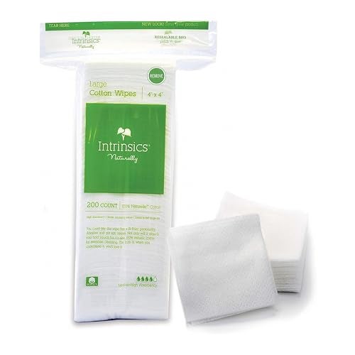 Intrinsics Large Cotton Squares (200 Count) – 4x4” 8-Ply Medium-High Absorbency Pads, Lint-Free Hypoallergenic Cotton for Face, Makeup Removal, Skincare, and Spa Use - Image 1
