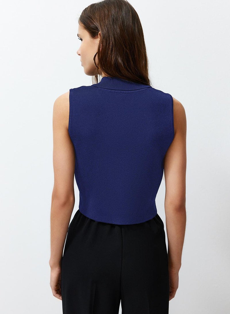 trendyol Navy Blue Premium Yarn / Special Yarn Crop Vest Look Knitwear Sweater - Image 5
