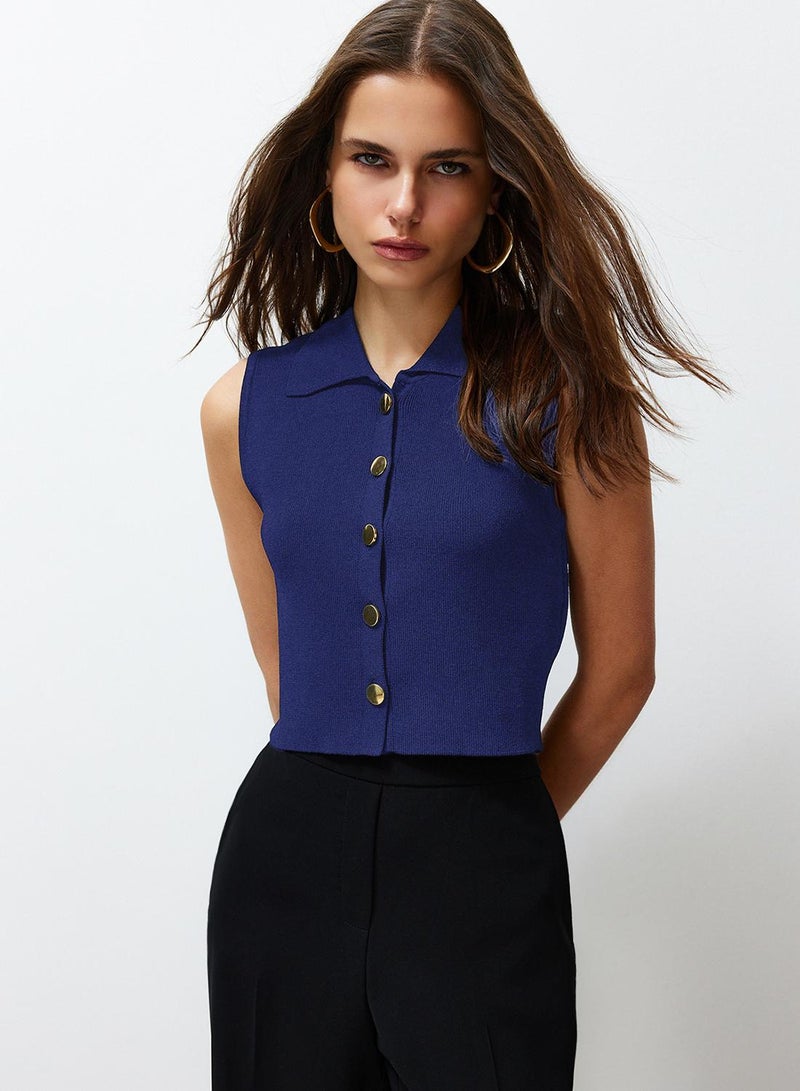 trendyol Navy Blue Premium Yarn / Special Yarn Crop Vest Look Knitwear Sweater - Image 1