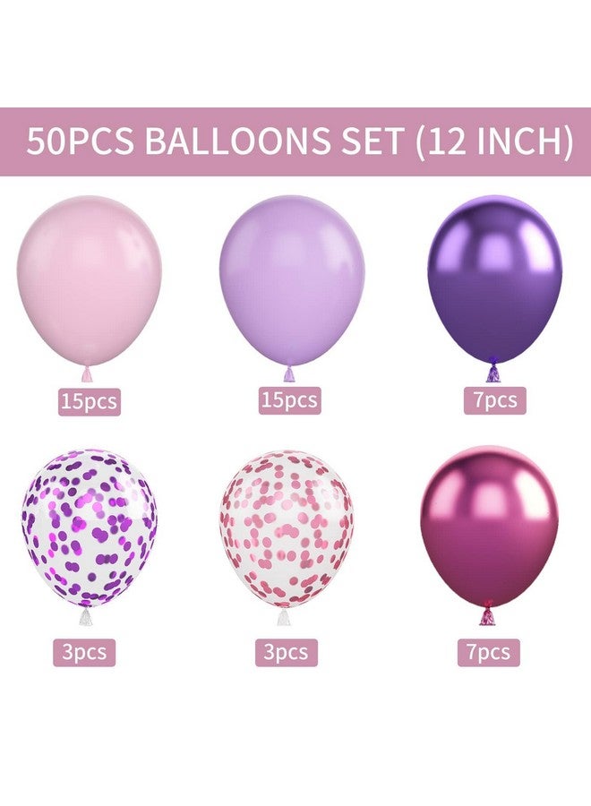 بيابيان بالونات بيابيان الوردية والأرجوانية، 50 قطعة من بالونات الكونفيتي الوردية الأرجوانية مقاس 12 بوصة، بالونات لاتكس وردية أرجوانية معدنية مع شريط، بالونات حفلات للفتيات وأعياد الميلاد وحفلات استقبال المولود وحفلات الزفاف - Image 2