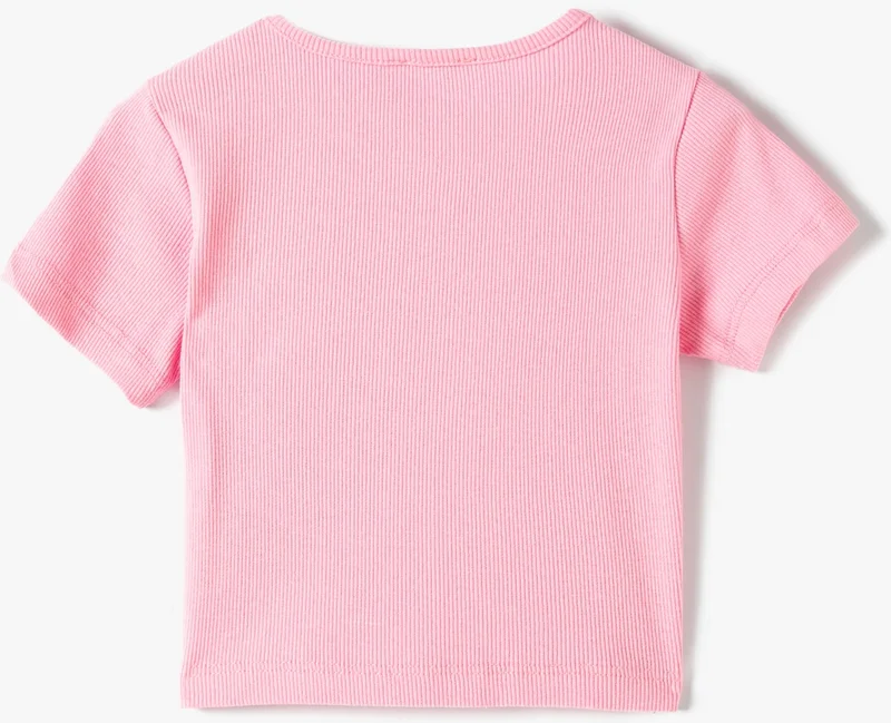 كوتون Crop T-Shirt Teddy Bear Printed Ribbed Short Sleeve Crew Neck