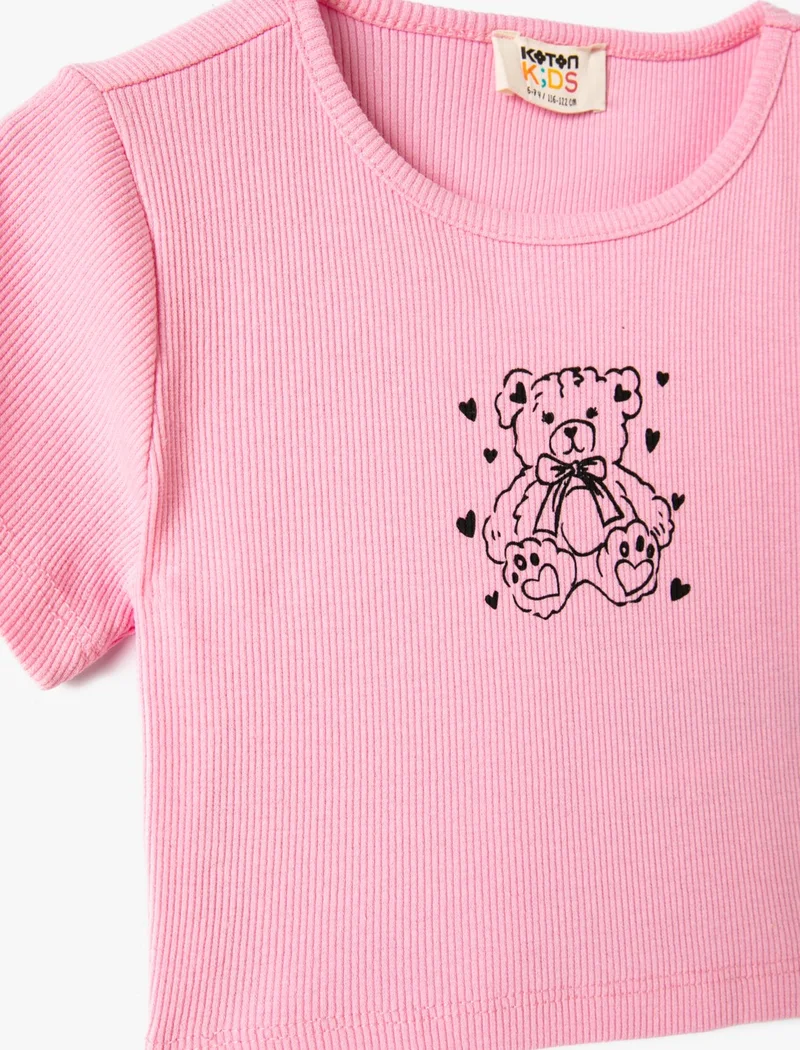 كوتون Crop T-Shirt Teddy Bear Printed Ribbed Short Sleeve Crew Neck