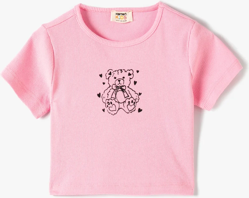 كوتون Crop T-Shirt Teddy Bear Printed Ribbed Short Sleeve Crew Neck
