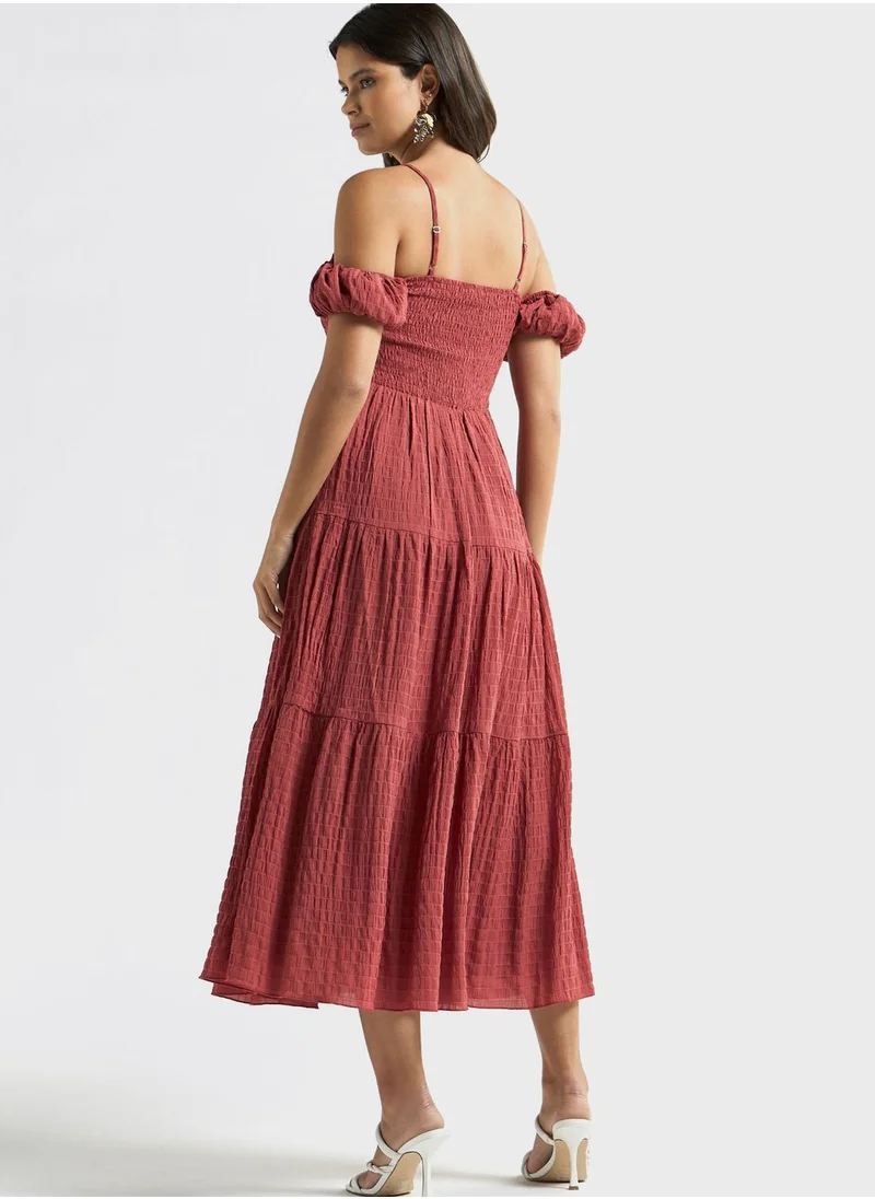 FAV Textured Midi A-Line Cold Shoulder Dress