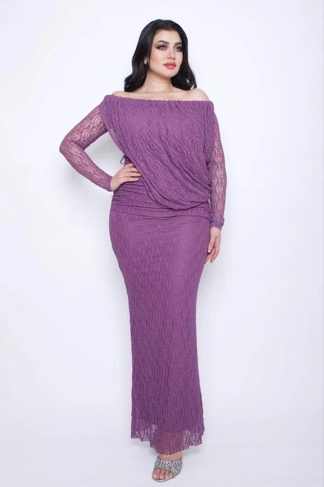 Opera Fashion Mauve Lace Off-Shoulder Evening Gown