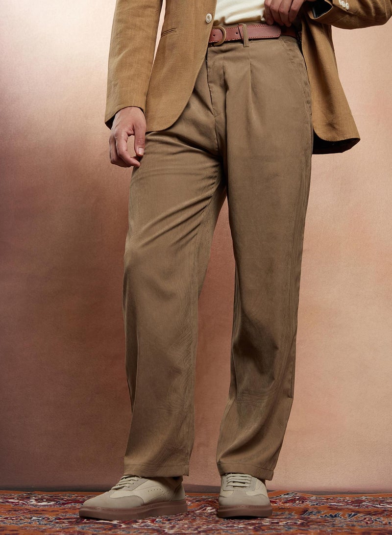 Campus Sutra Campus Sutra Men's Wood Brown Straight-Fit Pleated Tailored Trousers For Casual Wear | Mid-Rise | Straight Fit | Button Closure | Trousers Crafted With Comfort Fit For Everyday Wear  - Image 1