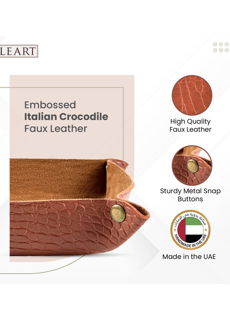 LeArt Leather Valet Tray - Small & Compact Catchall Tray | Desk, Bedside, Home Entrance Entryway Organizer | Leather Tray for Keys, Coins, Stationary, Jewellery (Caramel | Crocodile Texture) - Image 2