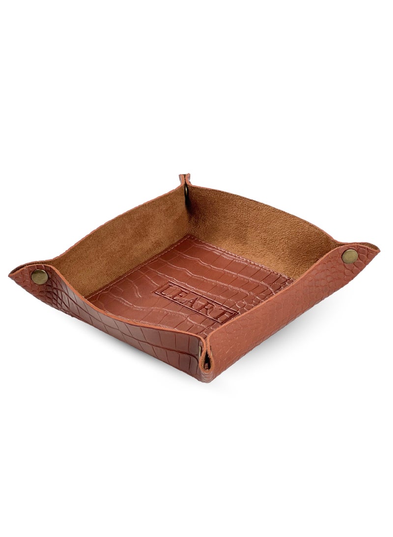 LeArt Leather Valet Tray - Small & Compact Catchall Tray | Desk, Bedside, Home Entrance Entryway Organizer | Leather Tray for Keys, Coins, Stationary, Jewellery (Caramel | Crocodile Texture) - Image 1