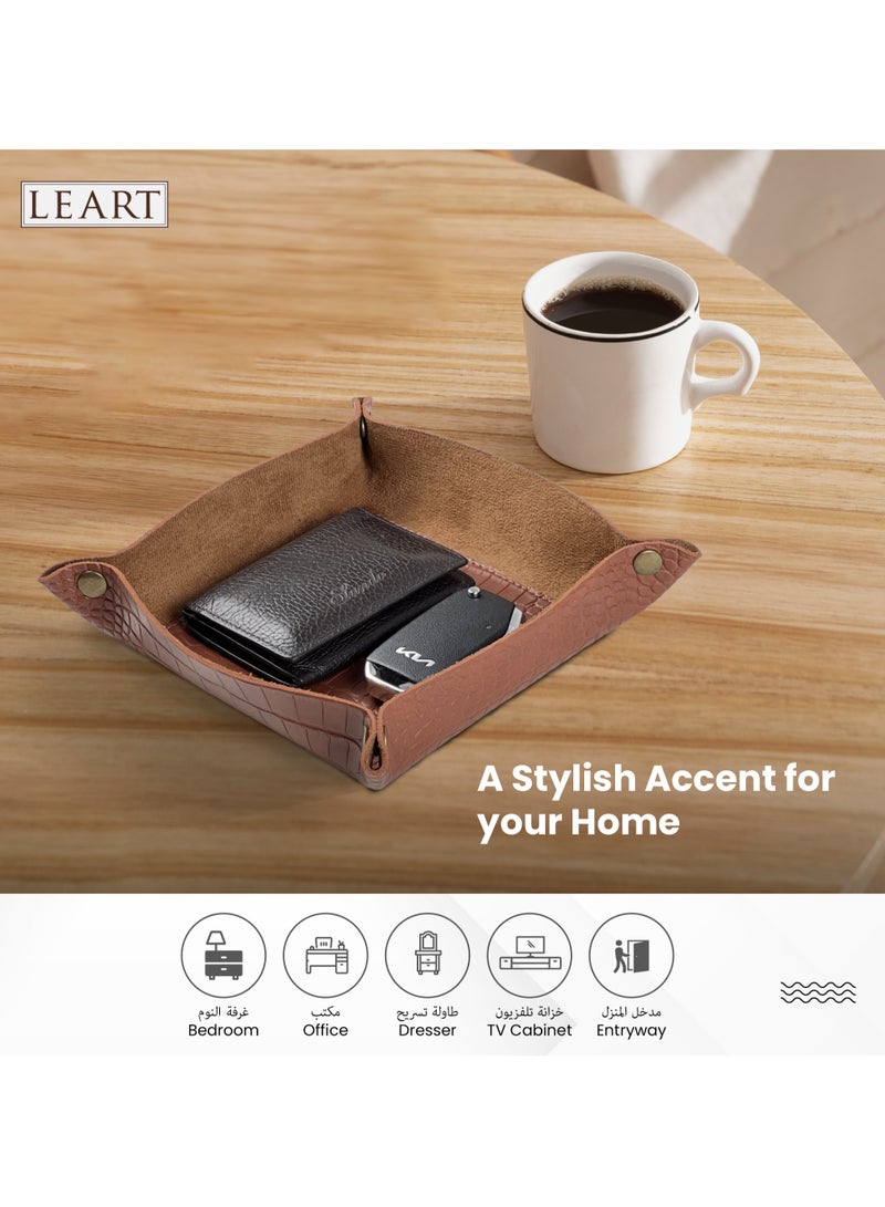 LeArt Leather Valet Tray - Small & Compact Catchall Tray | Desk, Bedside, Home Entrance Entryway Organizer | Leather Tray for Keys, Coins, Stationary, Jewellery (Caramel | Crocodile Texture) - Image 3