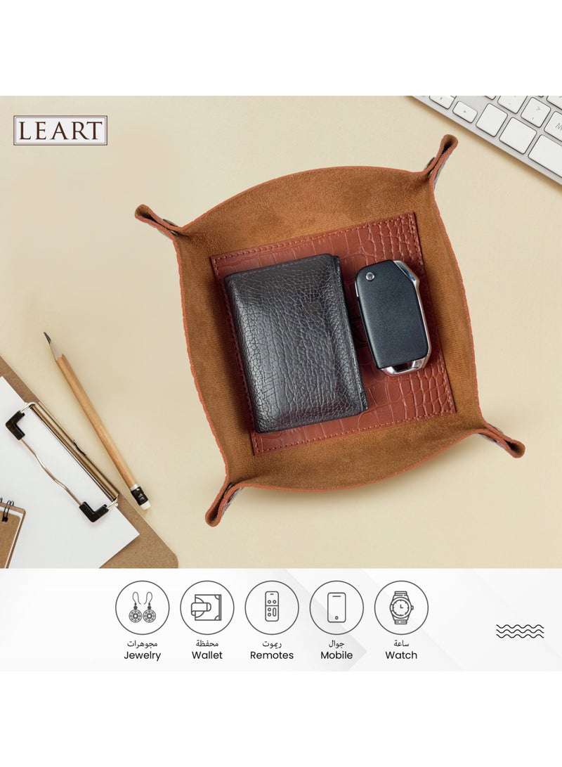 LeArt Leather Valet Tray - Small & Compact Catchall Tray | Desk, Bedside, Home Entrance Entryway Organizer | Leather Tray for Keys, Coins, Stationary, Jewellery (Caramel | Crocodile Texture) - Image 4