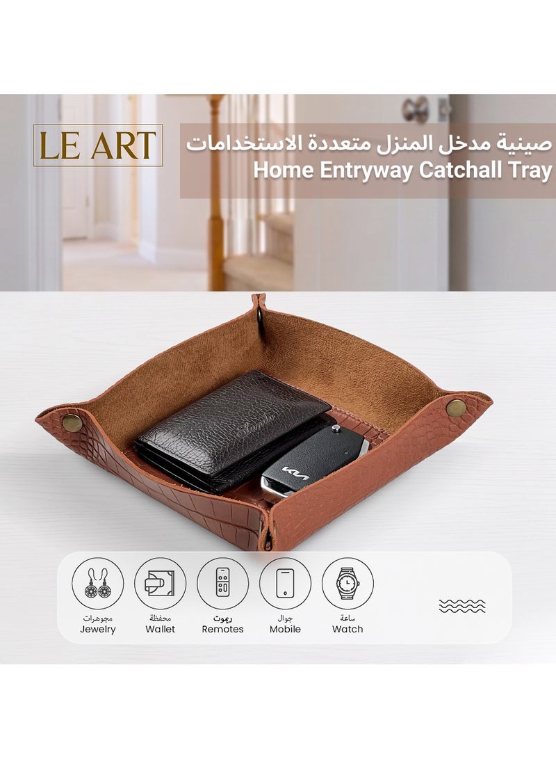 LeArt Leather Valet Tray - Small & Compact Catchall Tray | Desk, Bedside, Home Entrance Entryway Organizer | Leather Tray for Keys, Coins, Stationary, Jewellery (Caramel | Crocodile Texture) - Image 3