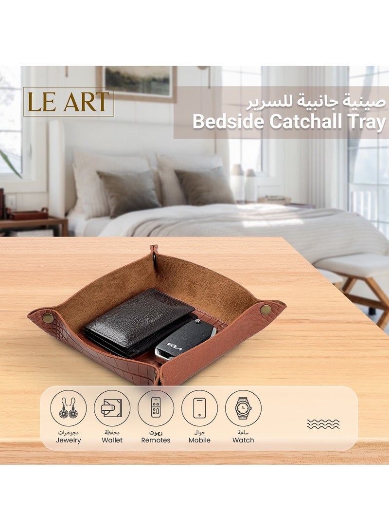 LeArt Leather Valet Tray - Small & Compact Catchall Tray | Desk, Bedside, Home Entrance Entryway Organizer | Leather Tray for Keys, Coins, Stationary, Jewellery (Caramel | Crocodile Texture) - Image 4