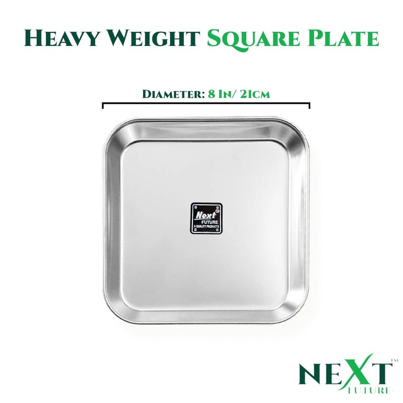 Next Future Stainless Steel Breakfast/Lunch/Dinner Plate Set of 6 with High Shiny Polish (Heavy Gauge) Medium Size Square Plates - Diameter: 8 Inches/ 21 cms - Image 2