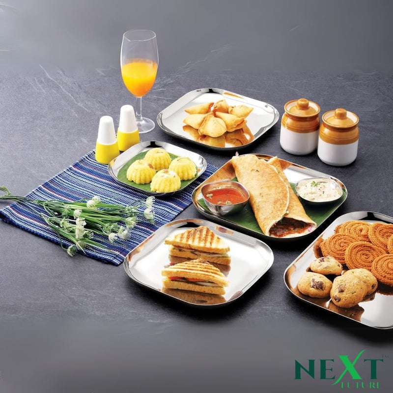 Next Future Stainless Steel Breakfast/Lunch/Dinner Plate Set of 6 with High Shiny Polish (Heavy Gauge) Medium Size Square Plates - Diameter: 8 Inches/ 21 cms - Image 5