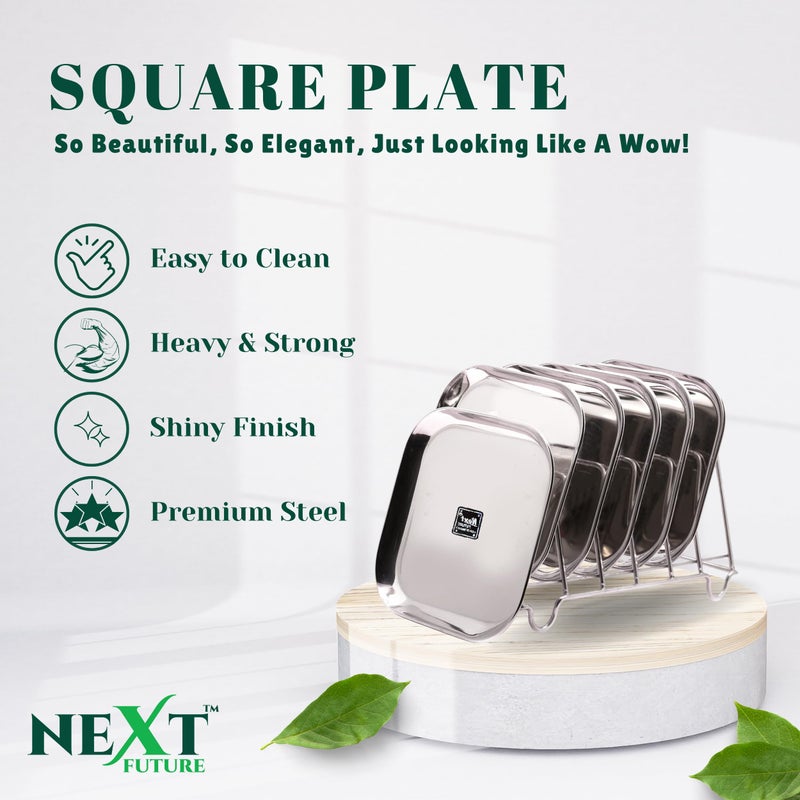 Next Future Stainless Steel Breakfast/Lunch/Dinner Plate Set of 6 with High Shiny Polish (Heavy Gauge) Medium Size Square Plates - Diameter: 8 Inches/ 21 cms - Image 3