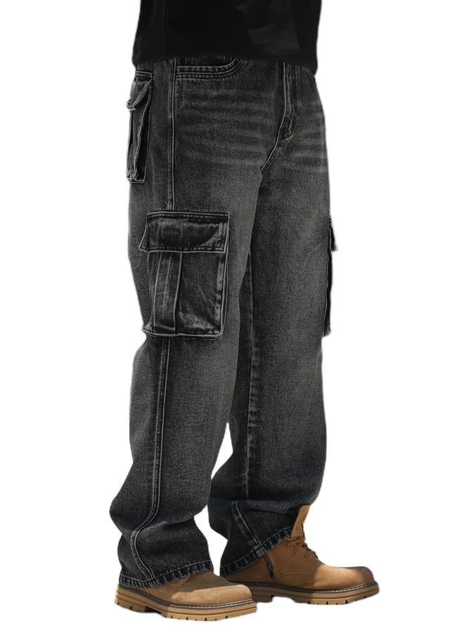 Nutriangee Men's Casual Baggy Cargo Workwear Jeans Loose Fit Straight Leg Hip Hop Denim Pants, Black, 30 - Image 2