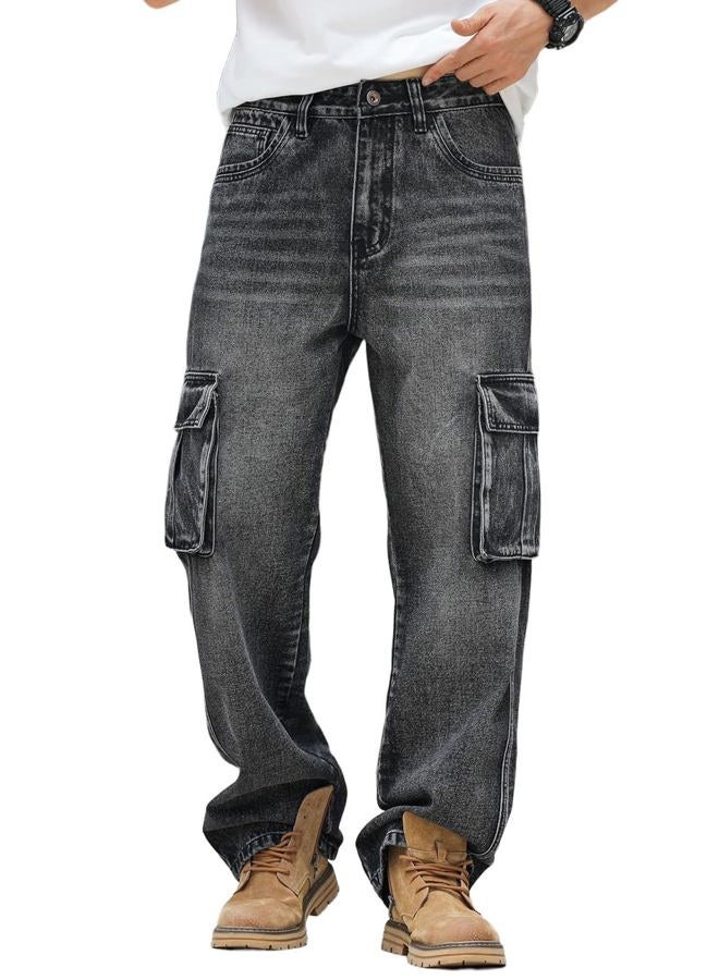 Nutriangee Men's Casual Baggy Cargo Workwear Jeans Loose Fit Straight Leg Hip Hop Denim Pants, Black, 30 - Image 3