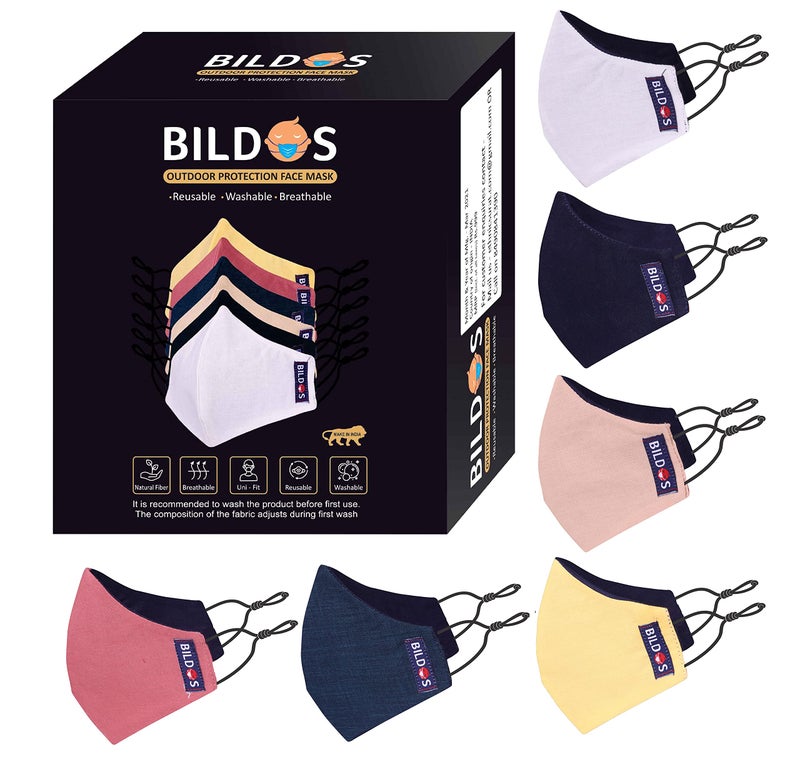 Bildos Cotton Reuseable Cloth Mask (Without Valve, Pack of 6,Multicolour) for Men - Image 1