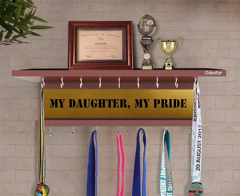 Odestar Display Medal Hanger Premier Award Medal Display Rack and Trophy Shelf Large Size 45 x 15 x 8 Centimeters Classic Walnut - Image 1